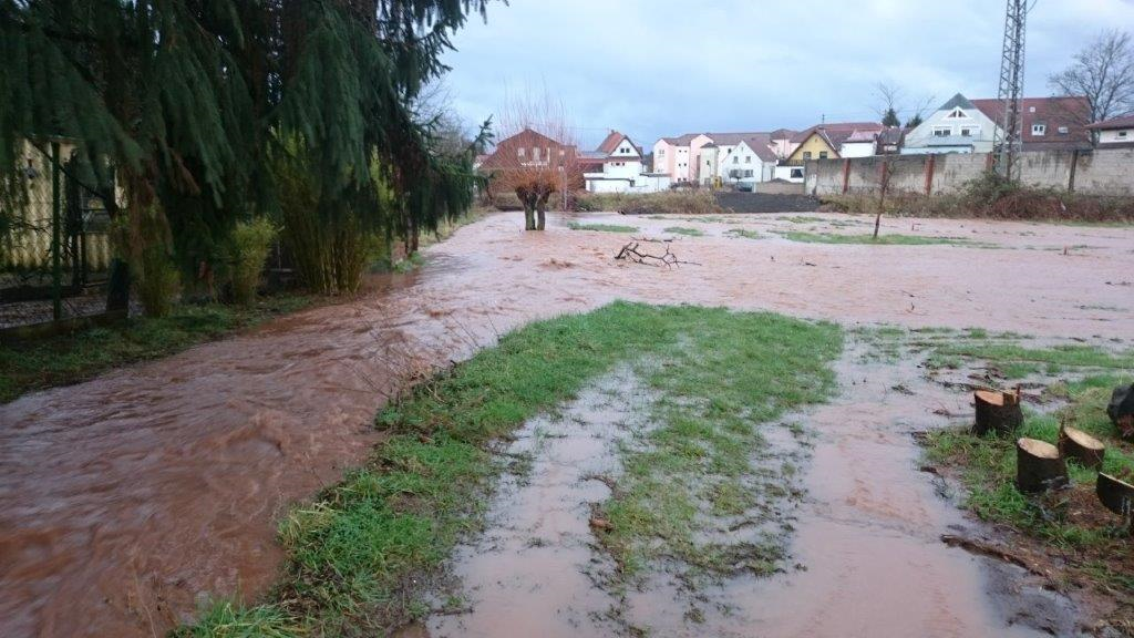 Überflutete Wege in Oberthal vor einem Wohngebiet
