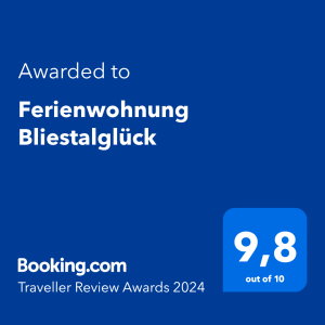 Awarded to Ferienwohnung Bliestalglück Booking.com Traveller Review Awards 2924 9,8 aout of 10