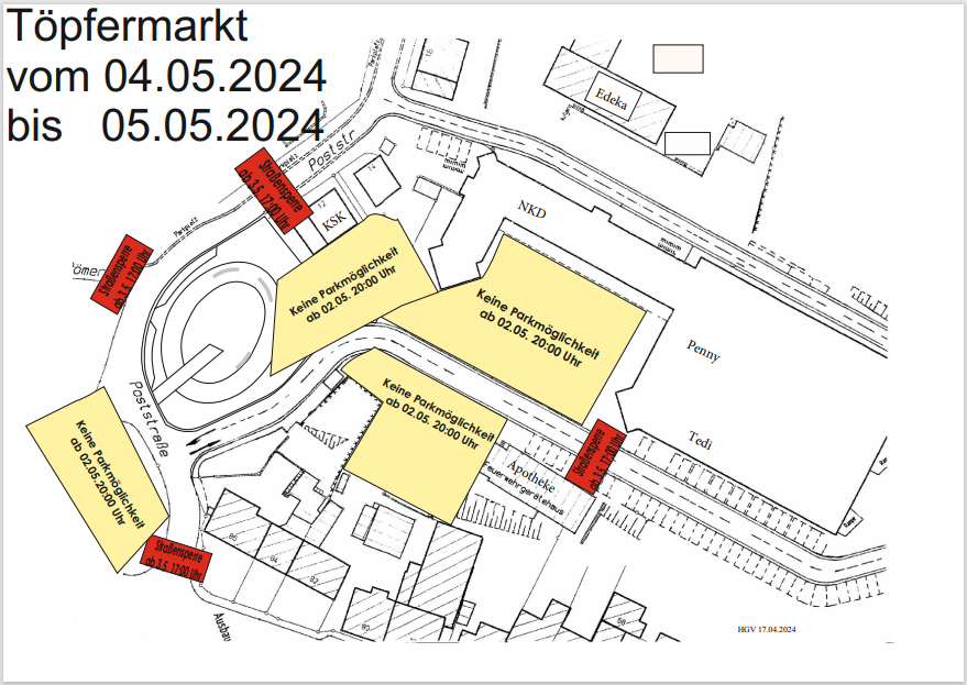 Töpfermarkt vom 04. bis 05. Mai 2024. Plan mit eingezeichneten Straßensperren und Parkverboten