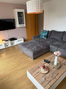 Wohnzimmer mit großem Sofa, Kissen und Wohnzimmertisch, Fernsehbidschirm und Vitrine