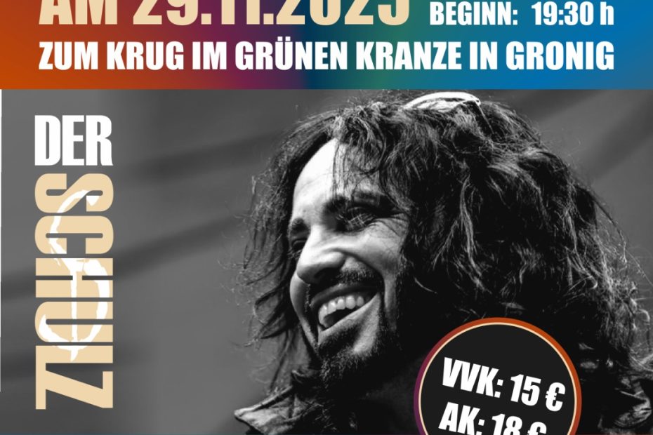 Mann mit langen Haaren in schwarz-weiß - Name des Künstlers: Der Schulz; Text: Der Freundeskreis Kultut in Oberthal e.V. veranstaltet ein Konzert Event. Der ERlös ist für soziale und gemeinnützige Zwecke vor Ort. Am 29.11.2025, Einlass: 18:30 Uhr, Beginn: 19:30 Uhr, zum Krug im grünen Kranze in Gronig. VVK: 15€, AK: 18€; Vocal & Chords & Usner Unplugged; VVK-Stellen für Tickets: Gasthaus zum Krug im Grünen Kranze, Projekt-ju@web.de; Büro der Fun Music Scool St. Wendel; Logos des Gasthauses Andler, JF Car Service und Fensterzubehör Stefan Hobinder