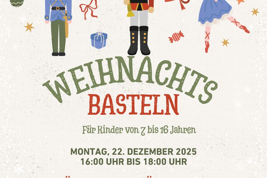 WEIHNACHTSbasteln für Kinder von 7 bis 16 Jahren, MONTAG, 22. DEZEMBER 2025 16:00 UHR BIS 18:00 UHR SCHÜTZENHAUS GÜDESWEILER Keine Anmeldung erforderlich! Logo der Gemeinde Oberthal, des Jigendbeirats Oberthal, der Kreissparkasse Oberthal; Plakat mit Tannenbäumen und Nussknackern und weihnachtlichen Elementen