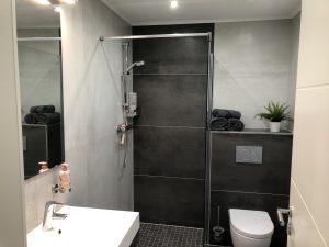 Spiegel, Waschbecken, ebene Dusche und WC, Handtücher, Pflanze